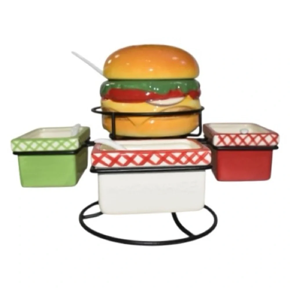 Pier 1 Imports Hand-Painted Earthenware BURGER Condiments Spinner Tray